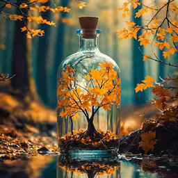 a bottle sitting on a lake surrounded by leaves
