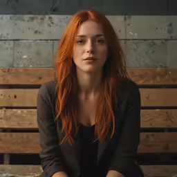 an attractive young woman with long, red hair sits in front of a wooden bench