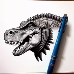 a drawing of a dinosaur with an ornate head,a black and white drawing of a dinosaur on paper