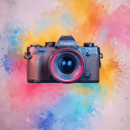 a camera is displayed in front of a colorful background