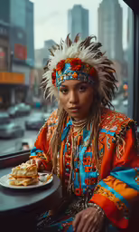 a young indian woman dressed in native clothes holding a plate of food