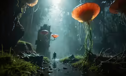 a person walks away from a group of mushrooms