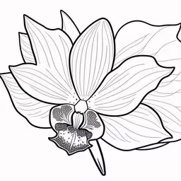 an outline drawing of a flower on a white background,a flower is shown on the front of this image,a drawing of a flower on a white background,a large flower that is in the center of a plant,a large flower with petals and leaves