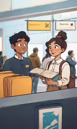two people standing on an airport check in line