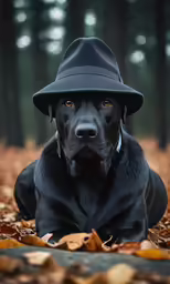 the black dog is wearing a hat and relaxing