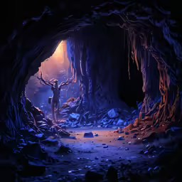 a man walking into a cave with a light on his face