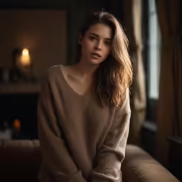 the woman sits on the couch and looks into the camera