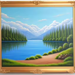 a painting of some water in a frame,a painting of a landscape with trees and mountains