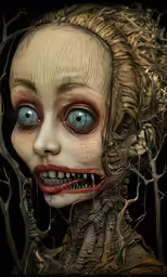 a scary girl is looking into the camera