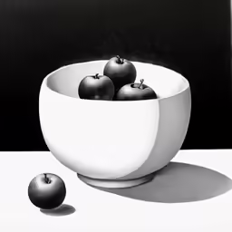 black and white image of three apples in a bowl