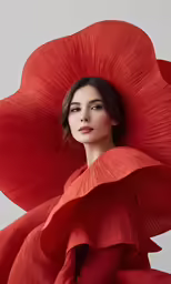the woman is wearing an orange dress with huge red petals