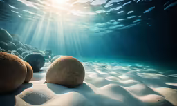 two rocks that are in the sand under water