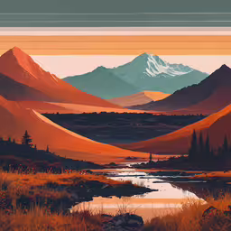a painting of mountains and a small river in a flat landscape,there is a painting of mountains near water