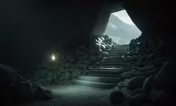 some stairs going into a dark cave with a light on