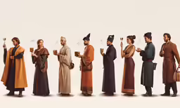 a group of people standing in line, one holding a cup