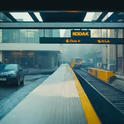 a train station with a parked car under the lights
