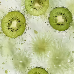 a group of three slices of kiwi with black spots on them