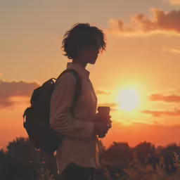 a person with a backpack and a cup