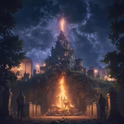 two people standing in front of a glowing city