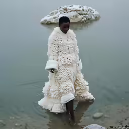 a person in a white coat walking into a lake