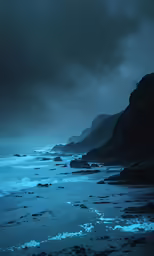 a dark seascape with low tide and sea in the distance