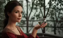 an artist rendering of a woman holding a glass of wine