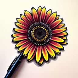 a drawing of a large yellow and red flower with a center,a drawing with a pen that is resting on a paper