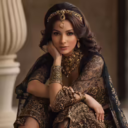 woman in a brown dress sitting down wearing jewelry