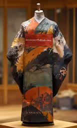 a painting is displayed on a wooden stand