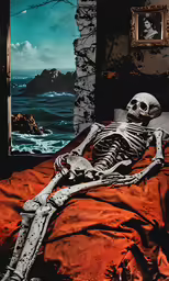 a photo of a skeleton sitting on top of a bed