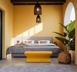 a bright bedroom has an interesting plant with hanging lights