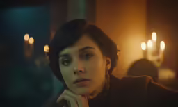 an image of a woman looking up with the light on in the background