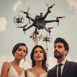 a man standing next to a woman and holding a remote controller