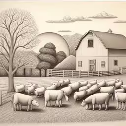 a drawing of sheep standing near a house