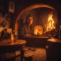 a woman sitting at a wooden fire with a mug