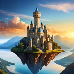 the castle is sitting on an island with a mountain in front
