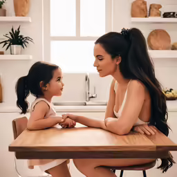 a woman sits at a kitchen table with a little girl