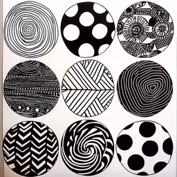 black and white art print featuring six circular designs,a white poster with black and white circles on it