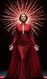 the actress in red with a huge, firework, headpiece