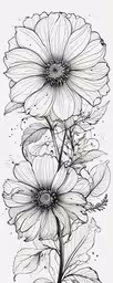 the flowers are drawn with black lines,a black and white image with three flowers on each of it