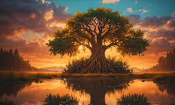 an image of a sunset behind a tree,the sun rising over a tree with reflection on the water