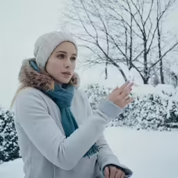 a young woman is in the snow blowing her nose to protect the cold from the snow