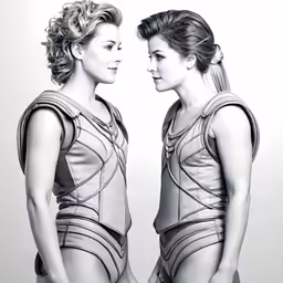 two women in bodysuits facing each other