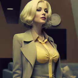 blond hair lady in a yellow blouse and light jacket