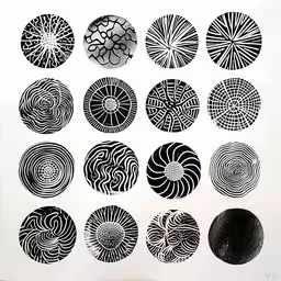 eight circles with spiral lines, one is black and white,a black and white drawing shows several circular objects
