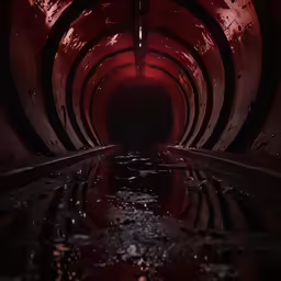 dark picture of a hallway with bright red lights