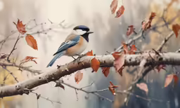 the bird is sitting on a branch among the fallen leaves