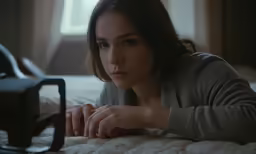 a beautiful young woman laying on top of a bed