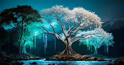 a tree stands in a stream surrounded by mountains and water