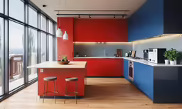 a room with a table chairs and stools